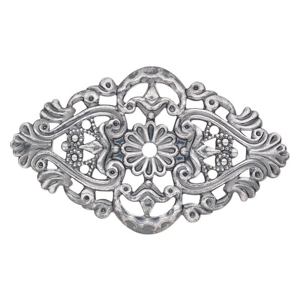 Focal, antique silver-plated steel, 59x35mm single-sided wavy flat oval with 3mm center hole. Sold per pkg of 6. image number 0