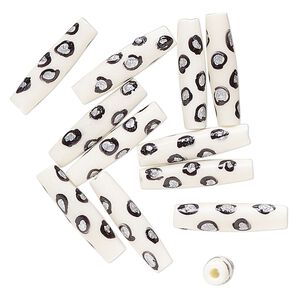 Bead, bone (dyed), white / black / silver, -24x7mm-25.5x8mm hand-painted tube with spotted design. Sold per pkg of 12.