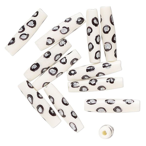 Bead, bone (dyed), white / black / silver, -24x7mm-25.5x8mm hand-painted tube with spotted design. Sold per pkg of 12. image number 0