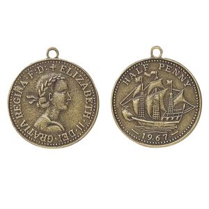 Charm, antique brass-plated "pewter" (zinc-based alloy), 25mm coin with Elizabeth II half-penny design. Sold per pkg of 10.