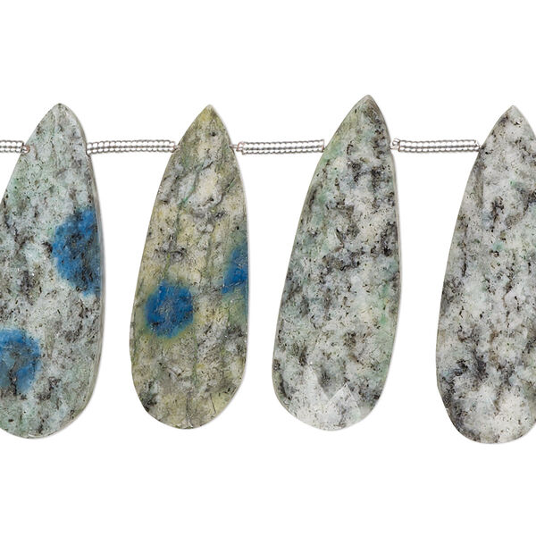 Bead, K2 "jasper" (granite and azurite) (natural), 25x10mm-30x12mm hand-cut top-drilled faceted puffed teardrop with 0.4-1.4mm hole, B grade, Mohs hardness 3-1/2 to 7. Sold per pkg of 18. image number 0