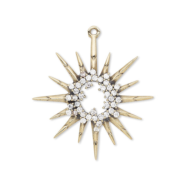Focal, quartz crystal (natural) and antiqued brass, 30x29mm single-sided star with cutout design. Sold individually. image number 0