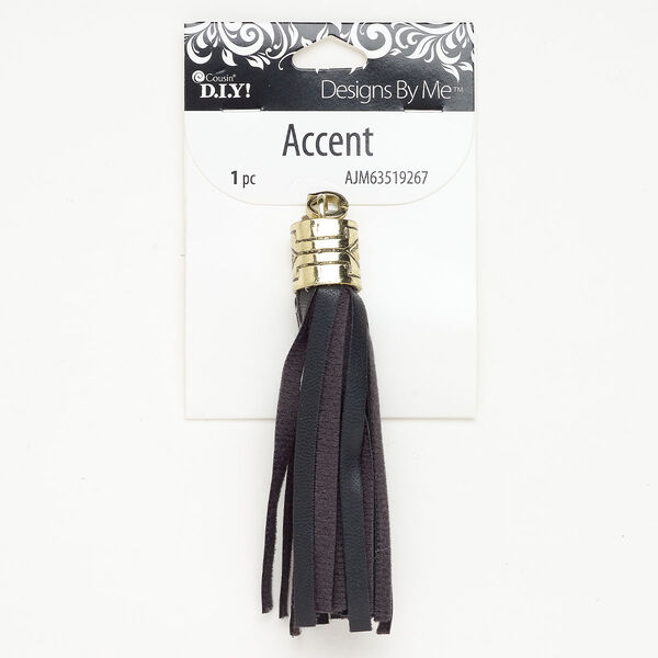 Faux leather / brass 1pkg1, tassel focal black / antique gold-finished 4x1/2 inch image number 0