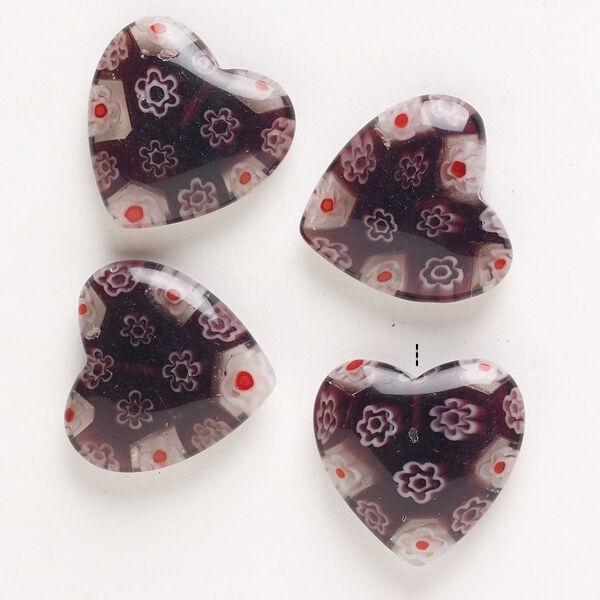 Bead, millefiori glass, pkg/4, translucent multicolored, 18-20mm half-drilled puffed heart. image number 0