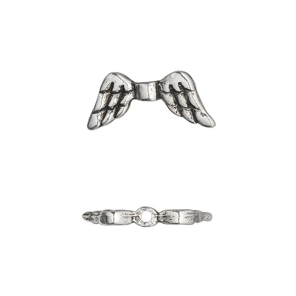 Bead, antique silver-plated pewter (tin-based alloy), 20x9mm double-sided angel wings. Sold per pkg of 2. image number 0