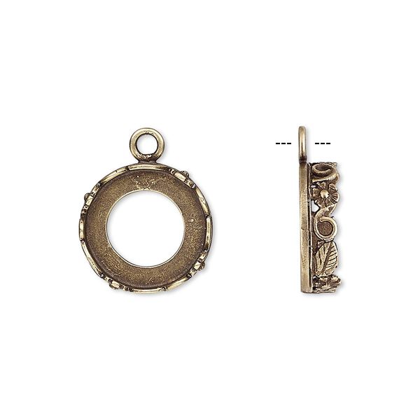 Drop, JBB Findings, antiqued brass, 14mm round with open back and flower and leaf design trim, 12mm round bezel setting. Sold per pkg of 2. image number 0