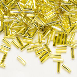 Bugle bead, Dyna-Mites™, glass, silver-lined translucent rainbow yellow, #3 square hole. Sold per 1/2 kilogram pkg.