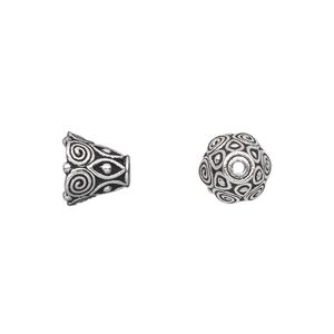 Cone, TierraCast®, antique silver-plated pewter (tin-based alloy), 9x8.5mm with bead and swirls design, 6mm inside diameter. Sold per pkg of 2.