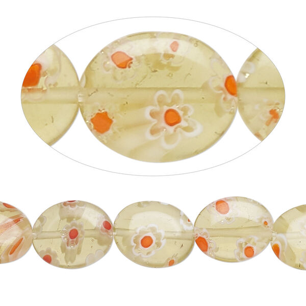Bead, millefiori glass, translucent amber / red-orange /white, 12x10mm puffed oval with flower design. Sold per 14-inch strand. image number 0