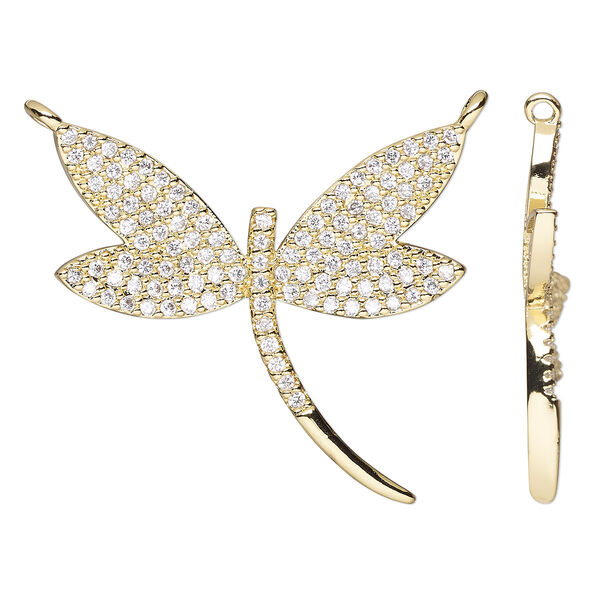 Connector, cubic zirconia and gold-finished brass, clear, 25x23.5mm single-sided dragonfly. Sold individually. image number 0