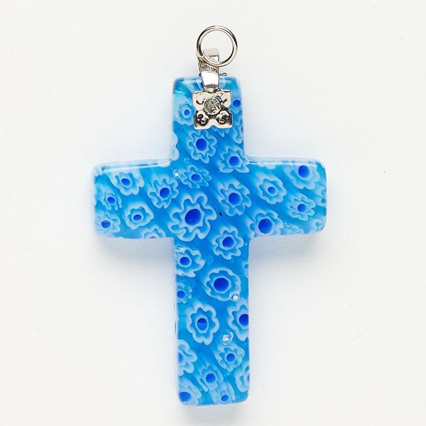 Focal 1pkg1 silver-finished steel and millefiori glass, translucent and transparent aqua blue / cobalt blue / white, 33x23mm-35x24mm cross. image number 0
