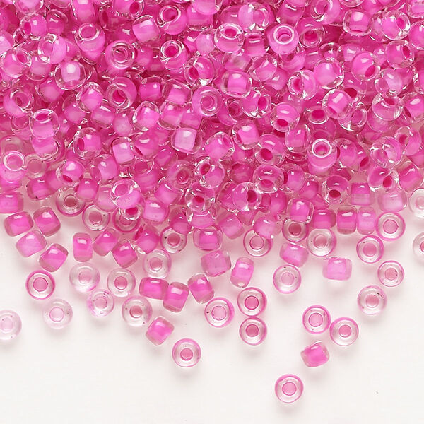Seed bead, Dyna-Mites™, glass, translucent inside color hot pink, #8 round. Sold per 40-gram pkg. image number 0