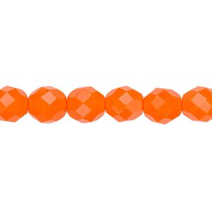 Bead, Czech fire-polished glass, opaque orange, 8mm faceted round. Sold per 15-1/2" to 16" strand, approximately 50 beads.