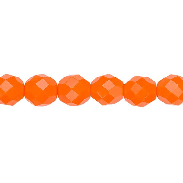 Bead, Czech fire-polished glass, opaque orange, 8mm faceted round. Sold per 15-1/2" to 16" strand, approximately 50 beads. image number 0
