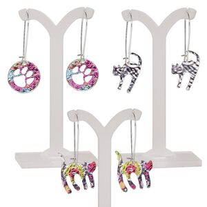 Earring mix, mylar / imitation rhodium-plated steel / "pewter" (zinc-based alloy), multicolored, 2-1/4 inches with (2) cats and (1) round with paw cutout and kidney ear wire. Sold per pkg of 3 pairs.