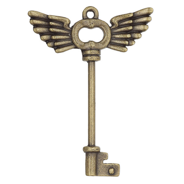 Focal, bead pin, antique brass-finished brass and "pewter" (zinc-based alloy), 58x43.5mm single-sided key with wings and twist-off head, 30mm beadable length. Sold individually. image number 0