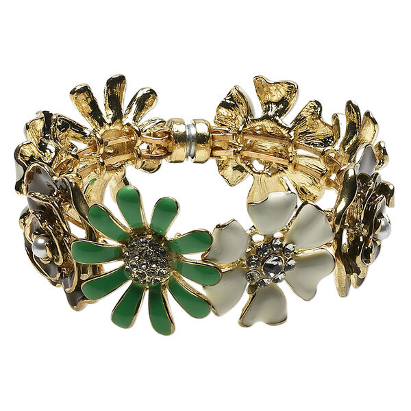 Bracelet, bangle, enamel / glass rhinestone / acrylic pearl / gold-finished steel and pewter (tin-based alloy), multicolored, 31mm flower, 7 inches with magnetic clasp. Sold individually. image number 0