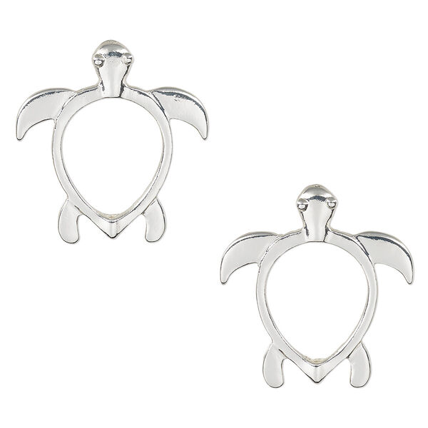 Bead frame, silver-finished "pewter" (zinc-based alloy), 32x30mm turtle with cutouts, fits up to 14mm bead. Sold per pkg of 2. image number 0