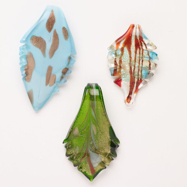 Random focal mix, lampworked glass, opaque mixed colors with silver-colored foil and copper-colored glitter, 53x30mm-69x44mm textured leaf. Sold per pkg of 3. image number 0