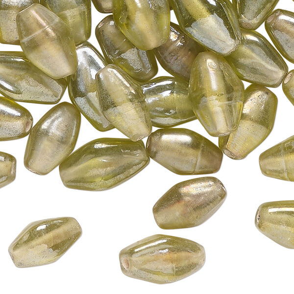 Bead, glass, translucent iridescent light green, 11x8mm-14x9mm double cone. Sold per 2-ounce pkg, approximately 70 beads. image number 0