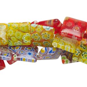Bead, millefiori glass, translucent multicolored, 11-13mm puffed square with flower design. Sold per 14-inch strand.