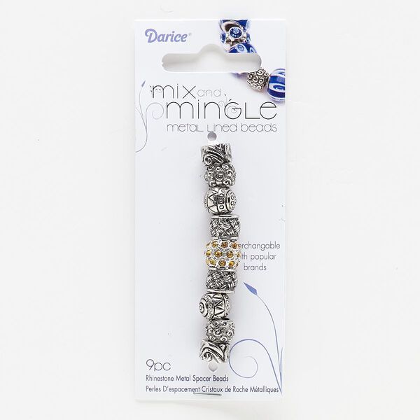 Bead, glass rhinestone with silver- and antiqued silver-finished "pewter" (zinc-based alloy), topaz brown, 10x7mm-12x9mm assorted rondelle, 4.5-5.5mm hole. Sold per pkg of 9. image number 0