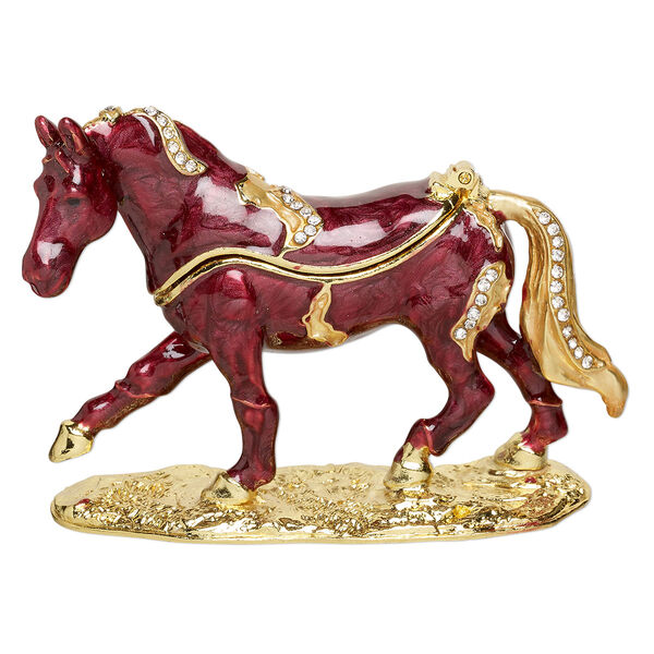 Trinket box, enamel / glass rhinestone / gold-finished "pewter" (zinc-based alloy), burgundy, 4x2-1/2 inch horse with magnetic latch. Sold individually. image number 0