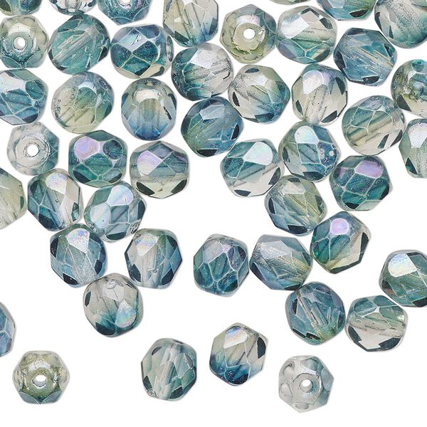 Bead 1pkg1 Czech fire-polished glass, 6mm faceted round, 1 mass translucent half-coated luster green / teal image number 0