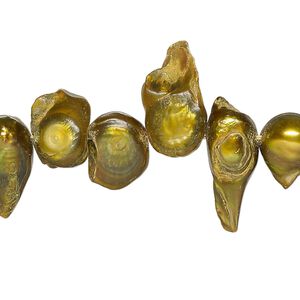 Pearl, cultured freshwater (dyed), golden olive, 8x6mm-20x10mm baroque with 0.4mm hole, D grade, Mohs hardness 2-1/2 to 4. Sold per 15-inch strand.