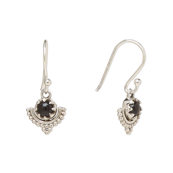 Ear wire, Create Compliments®, antiqued sterling silver and black onyx (dyed), fishhook, 22m with 10mm single-sided beaded moon, 21 gauge. Sold per pair. image number 0