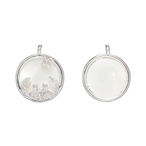 Drop 1pkg2 brass / freshwater pearl shell / glass rhinestone, 15mm round, bleached silver finish / white / clear