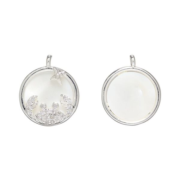 Drop 1pkg2 brass / freshwater pearl shell / glass rhinestone, 15mm round, bleached silver finish / white / clear image number 0