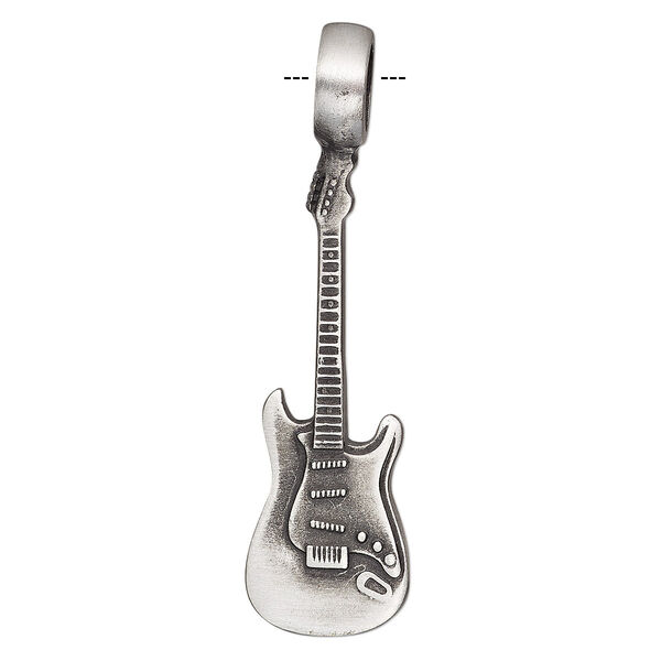 Pendant, antiqued pewter (tin-based alloy), 51x14mm single-sided guitar. Sold individually. image number 0