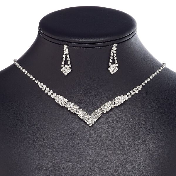 Necklace and earring set, glass rhinestone / plastic / imitation rhodium-plated brass / steel, clear, cupchain and "V" shape, 16 inches with 3-inch extender chain and lobster claw clasp, 28mm earrings with post. Sold per set. image number 0