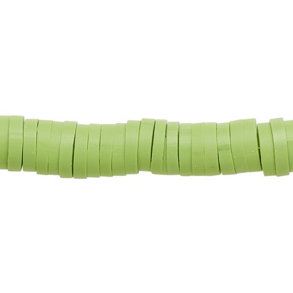 Bead, polymer clay, opaque lime green, 8x2mm heishi. Sold per pkg of (2) 15-1/2 to 16-inch strands. image number 0