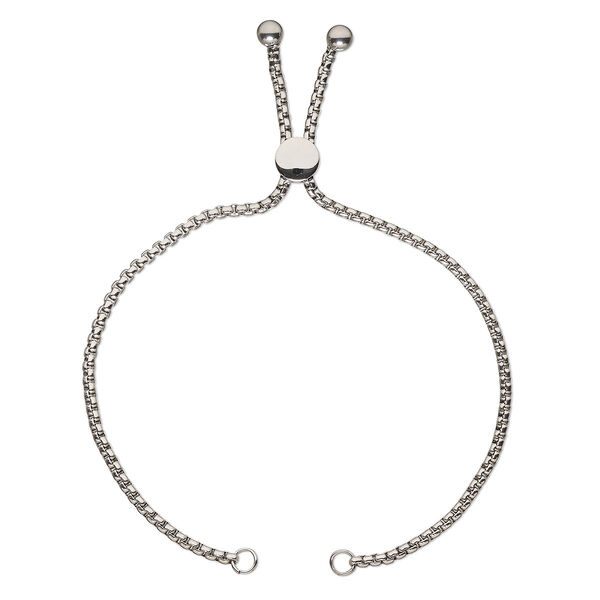 Bracelet component, silicone and stainless steel, clear, 2.5mm square rolo chain, 9-3/4 inches with 8mm flat round adjustable slider bead and (2) 5mm balls with 2 open loops. Sold individually. image number 0