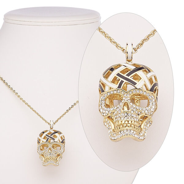 Necklace, Avant-Garde Jewelry Collection, enamel / Czech glass rhinestone / gold-plated brass, white / black / clear, 39x26mm skull with hinged jaw, 24 inches with 2-inch extender chain and lobster claw clasp. Sold individually. image number 0