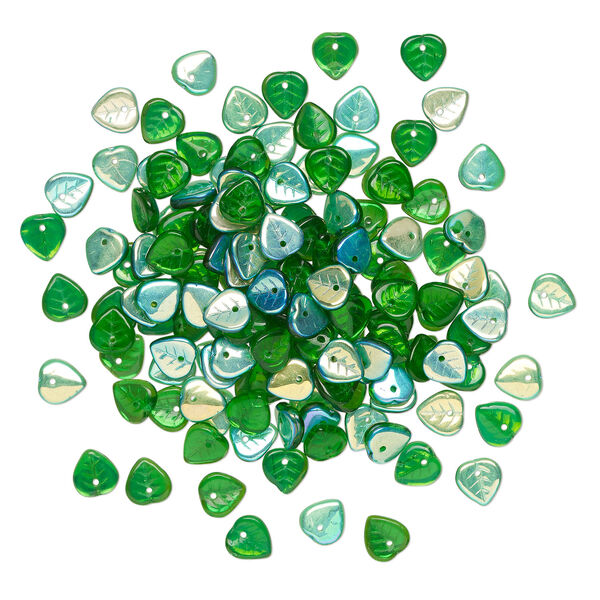 Bead 1pkg100 Czech pressed glass, emerald green AB, 9x8.5mm top-drilled leaf. image number 1