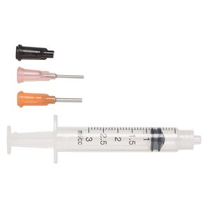 Syringe set, plastic / polypropylene / stainless steel, orange and pink, (4) 3-mL syringes / (8) tips / (4) caps. Sold per 16-piece set.