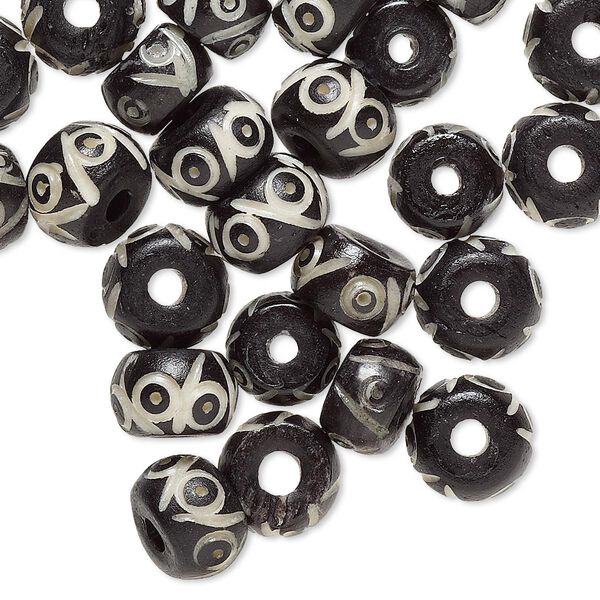Bone, bone (dyed), white and black, 8x5mm-10x8mm drum, Mohs hardness 2-1/2. Sold per pkg of 32. image number 0