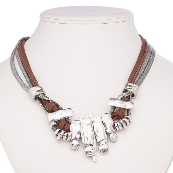 Necklace, 4-strand, suede / antique silver-coated plastic / antique silver-plated steel / brass / "pewter" (zinc-based alloy), brown, fancy rectangle, 18 inches with 2-inch extender chain and lobster claw clasp. Sold individually. image number 0