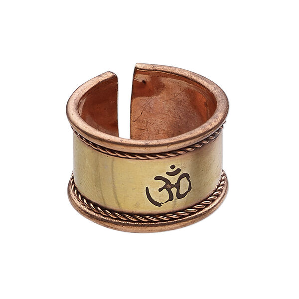 Ring, antiqued brass and copper, 15mm wide with rope design and Om symbol, adjustable from size 9-10. Sold individually. image number 0