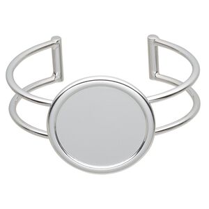 Bracelet, Almost Instant Jewelry®, cuff, silver-plated brass and "pewter" (zinc-based alloy), 65x36mm with 30mm round setting, adjustable. Sold individually.