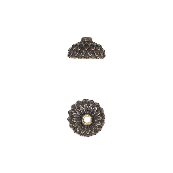 Bead cap, TierraCast®, antique brass-plated pewter (tin-based alloy), 9.5mm round with acorn cap design, fits 8mm bead. Sold per pkg of 20. image number 0