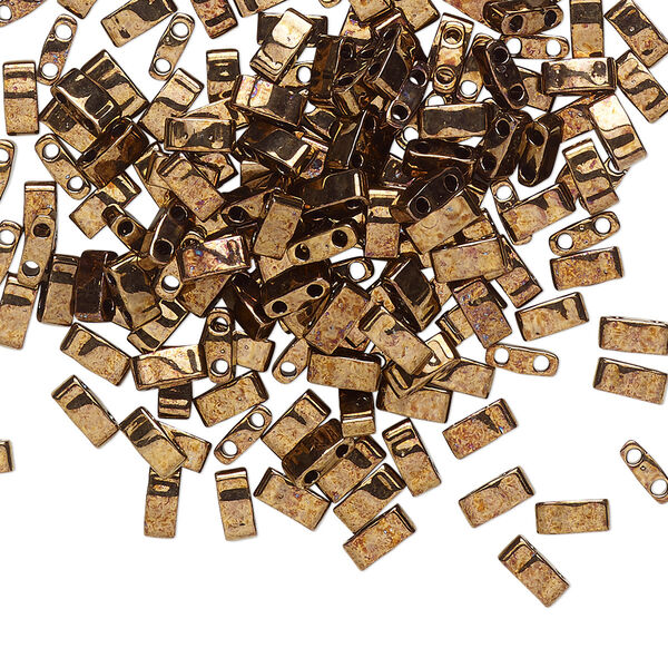 Seed bead, TILA®, glass, pkg/10g, 5x2.3mm half tila rectangle, opaque luster antique bronze, (HTL-457B). image number 0