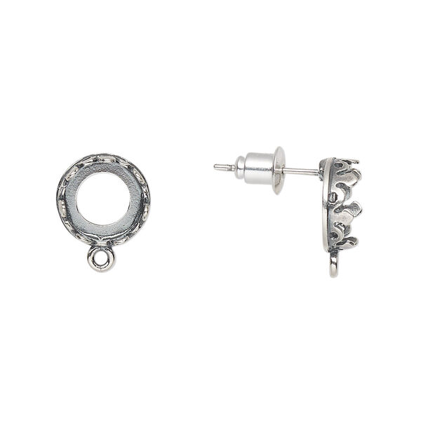 Earstud, JBB Findings, antique silver-plated brass, 10mm round with open back and SS39 rivoli bezel setting. Sold per pair. image number 0