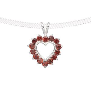 Pendant, garnet (natural) and sterling silver, 24x18mm open heart with 3mm faceted round. Sold individually.