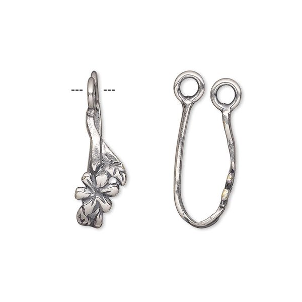 Bail, donut, antique silver-plated brass, 22x7.5mm single-sided flower and leaf, 16.5mm grip length. Sold individually. image number 0