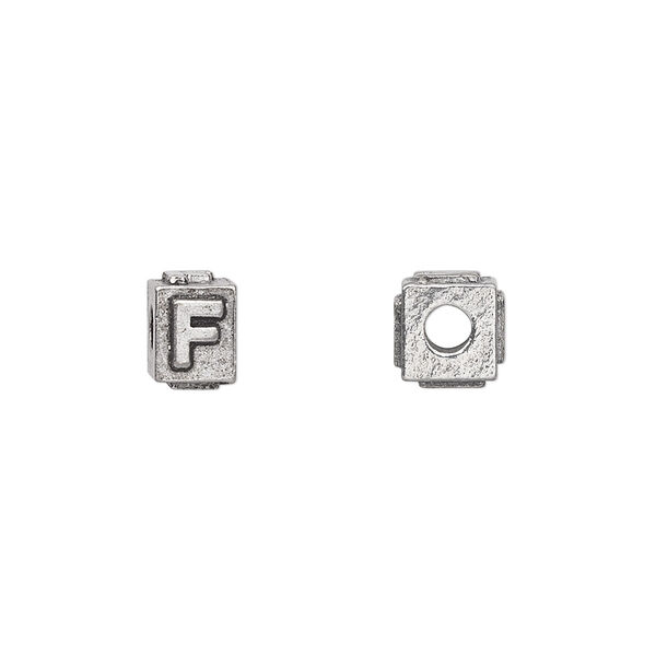 Bead, antiqued pewter (tin-based alloy), 8x6mm rectangle with alphabet letter "F". Sold per pkg of 4. image number 0