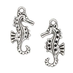 Charm, antique silver-plated "pewter" (zinc-based alloy), 26x13mm two-sided seahorse. Sold per pkg of 4.
